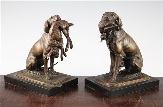 Ferdinand Pautrot (French 1832-1874). A pair of patinated bronze gun dogs, 8.5in.